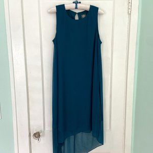 Teal Sleeveless Crew Neck Asymmetrical Hem Chiffon Dress